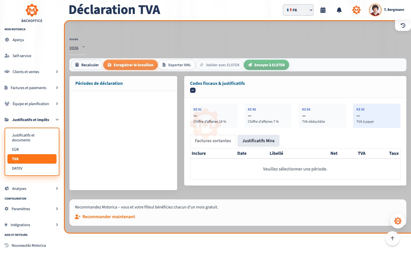 Motorica Backoffice avec la déclaration TVA et les codes fiscaux