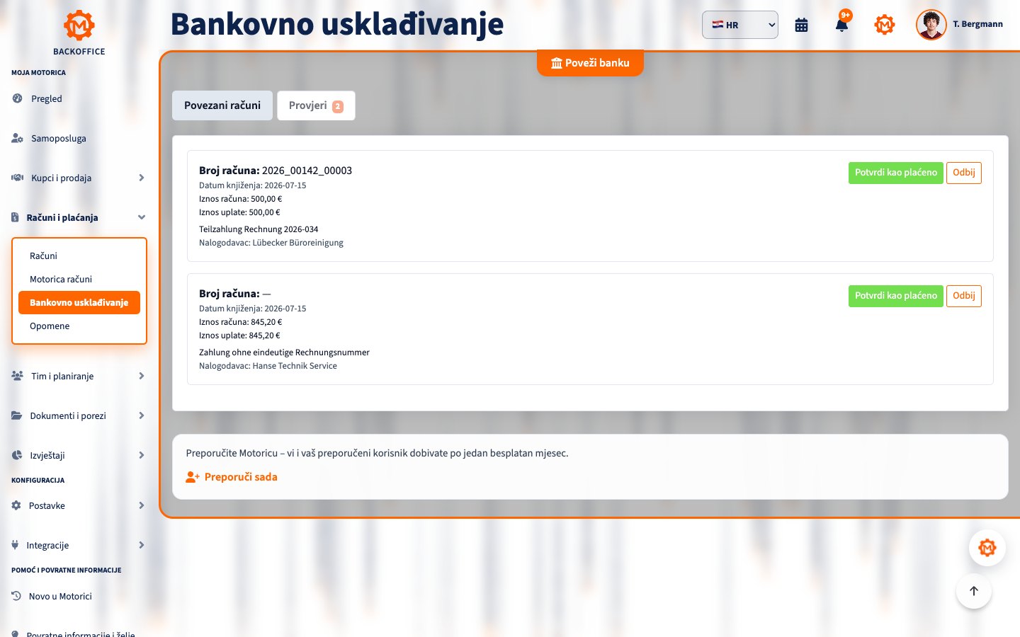 Usklađivanje uplata s računima u Backofficeu Motorica