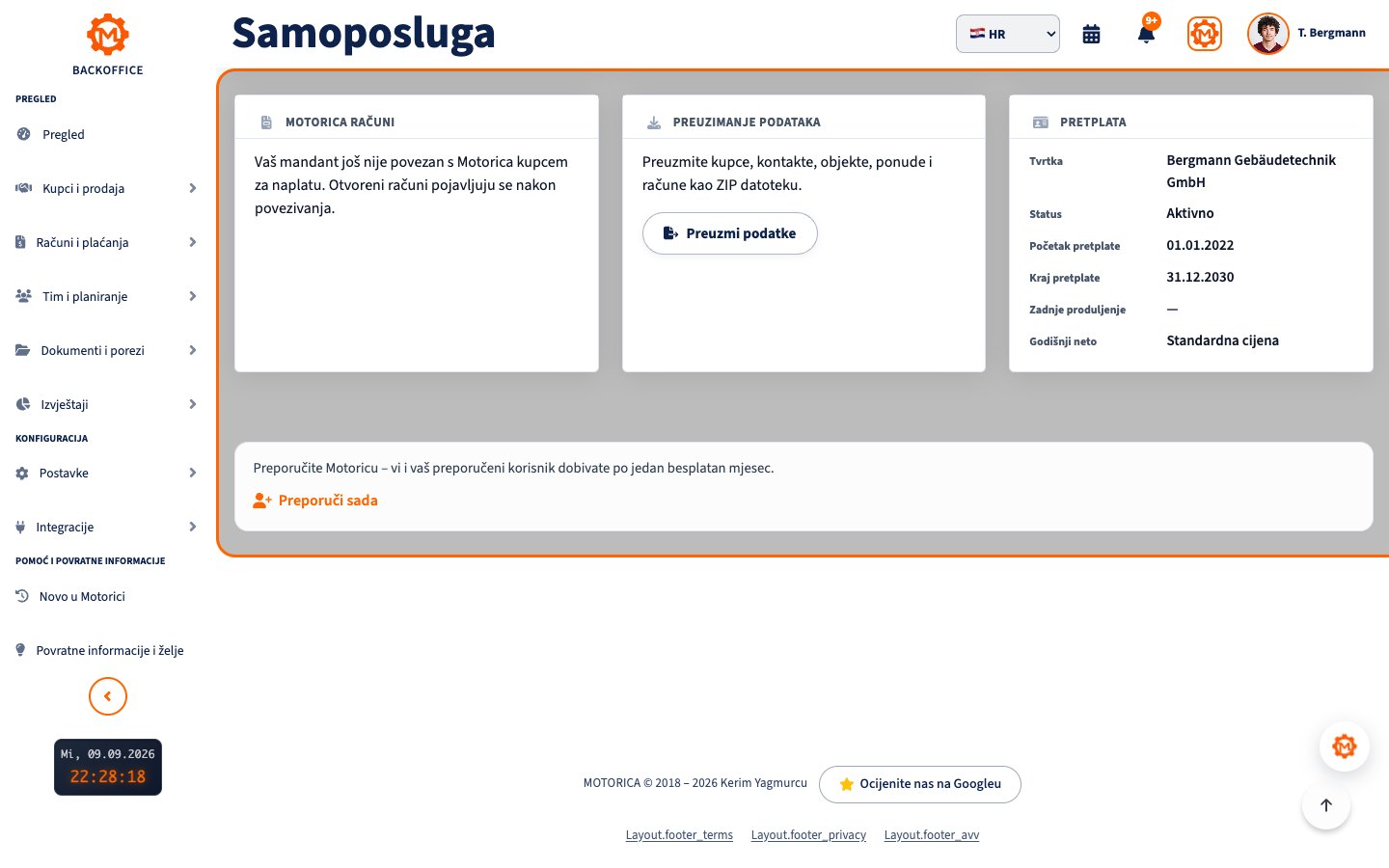 Aktivna pretplata na Motoricu izmišljene demo tvrtke Bergmann Gebäudetechnik GmbH