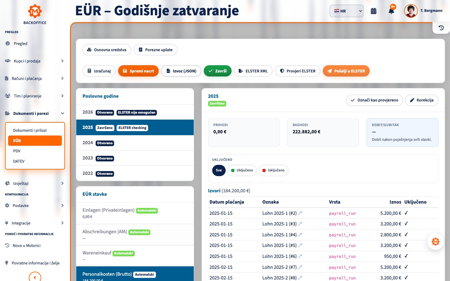 Motorica Backoffice s godišnjim zatvaranjem EÜR-a, prihodima, rashodima i radnjama ELSTER-a