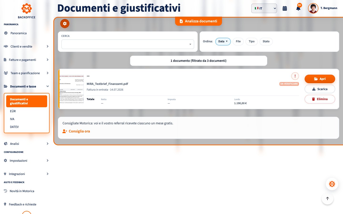 Motorica Backoffice in italiano con documenti e fattura ricevuta