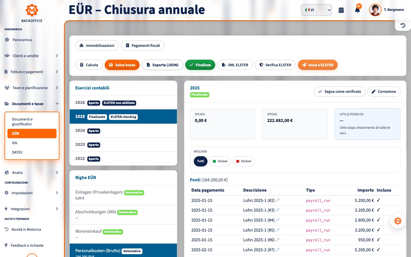 Motorica Backoffice con chiusura annuale EÜR, ricavi, costi e azioni ELSTER
