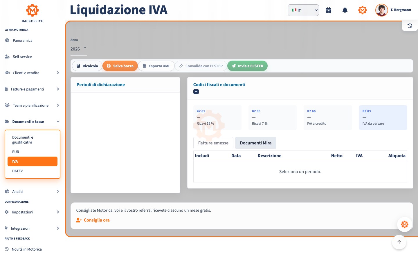 Motorica Backoffice con liquidazione IVA e codici fiscali
