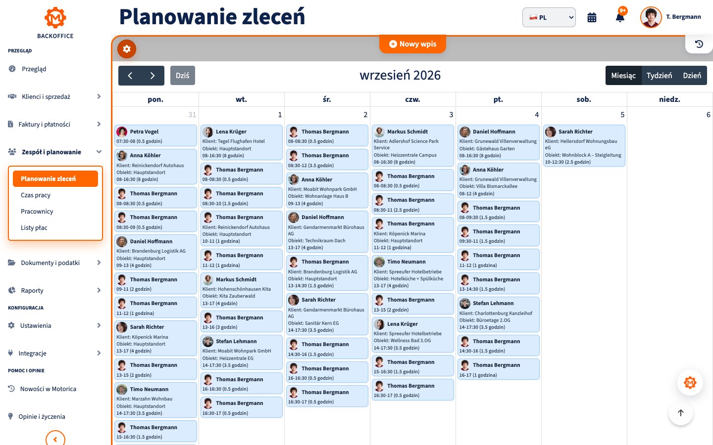 Kalendarz do planowania pracowników i zleceń
