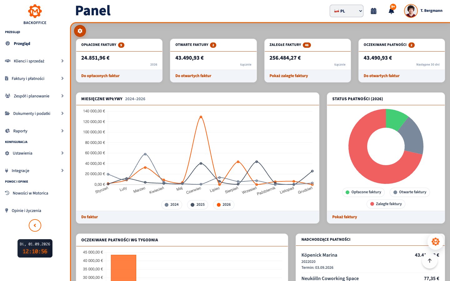 Panel Motorica z fakturami i płatnościami po polsku