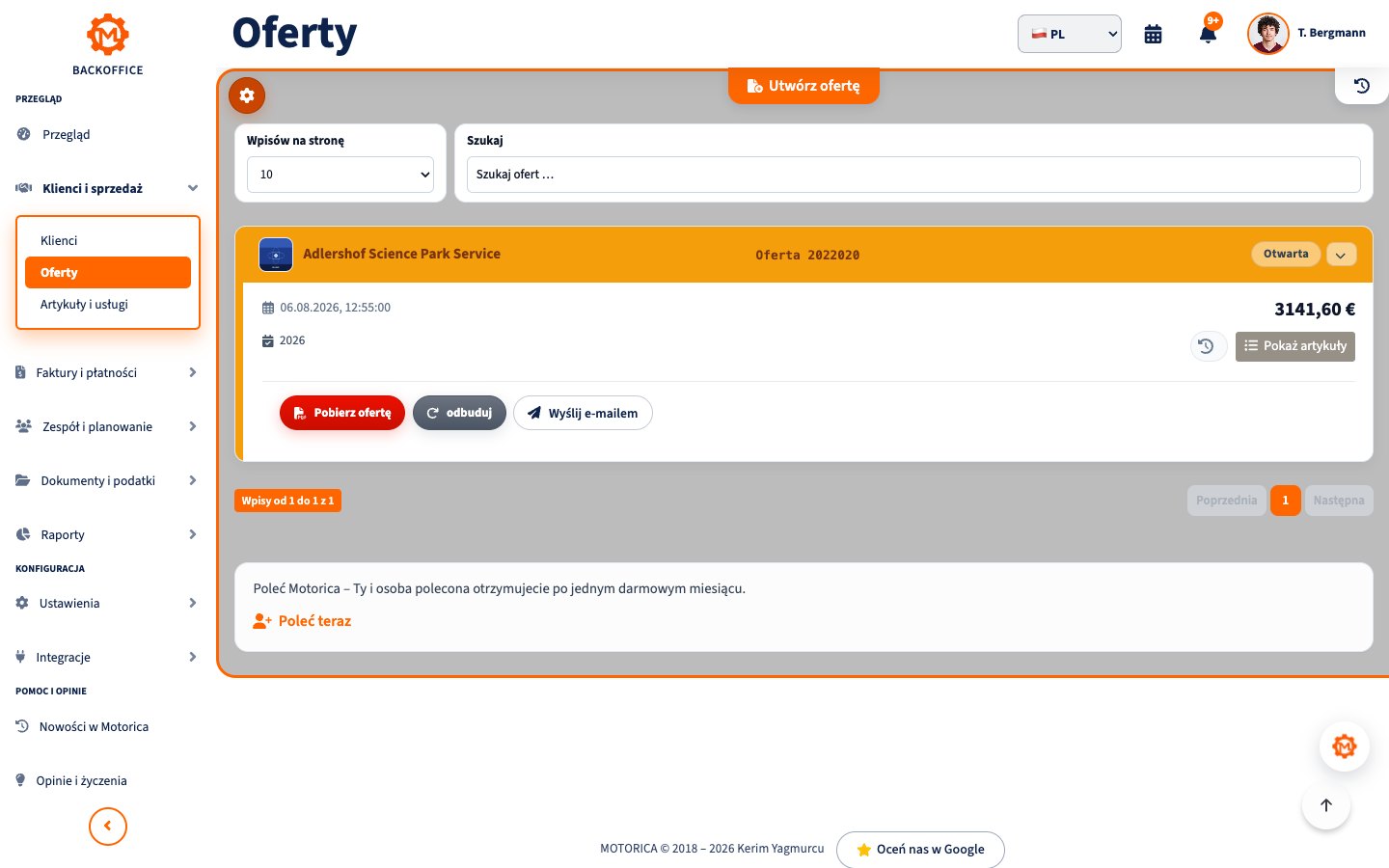 Oferty w Backoffice Motorica