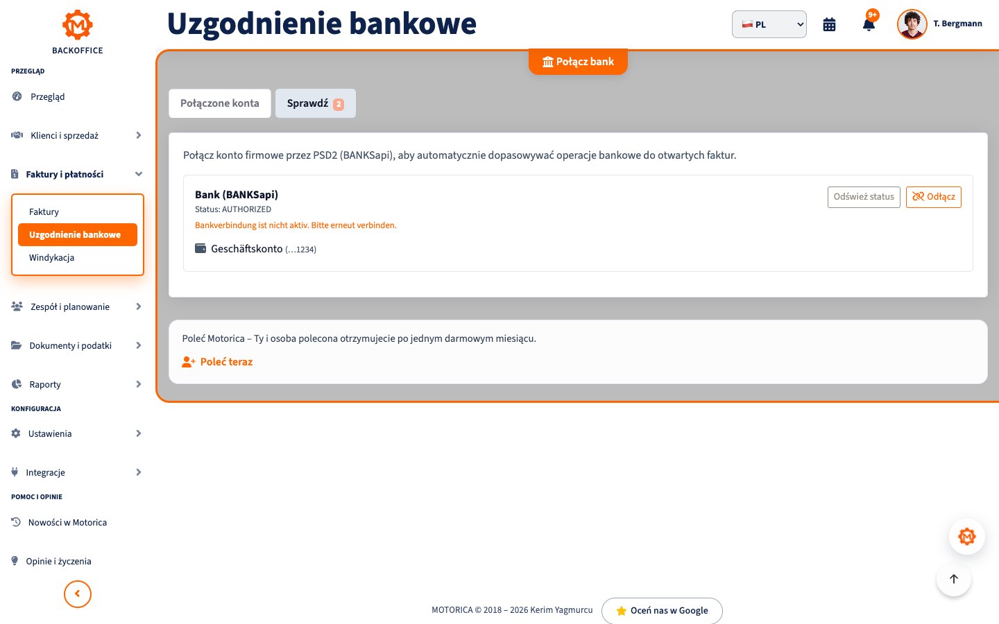 Uzgadnianie płatności z fakturami w Backoffice Motorica