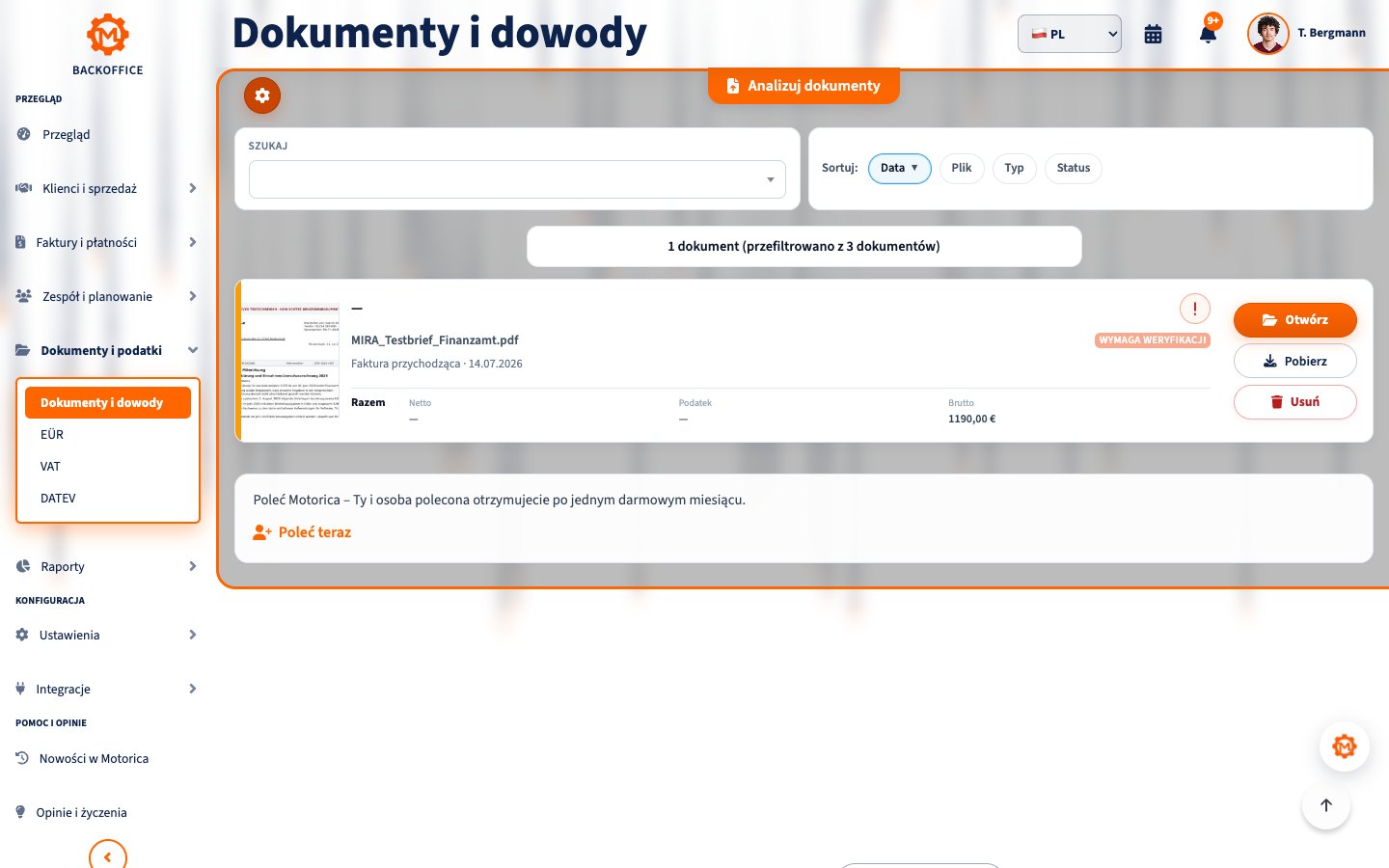 Dokumenty demonstracyjne w Backoffice Motorica