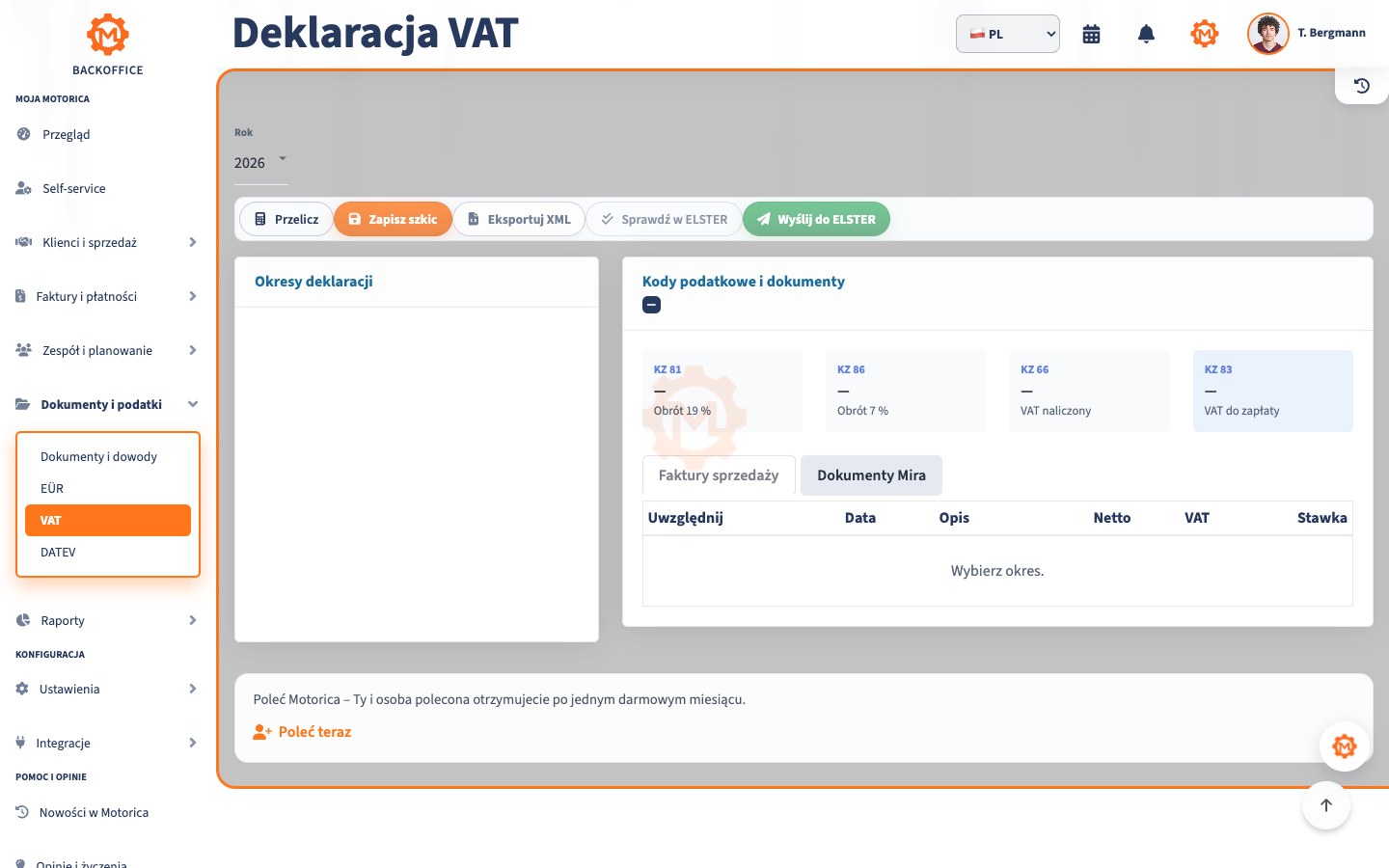 Motorica Backoffice z deklaracją VAT i kodami podatkowymi
