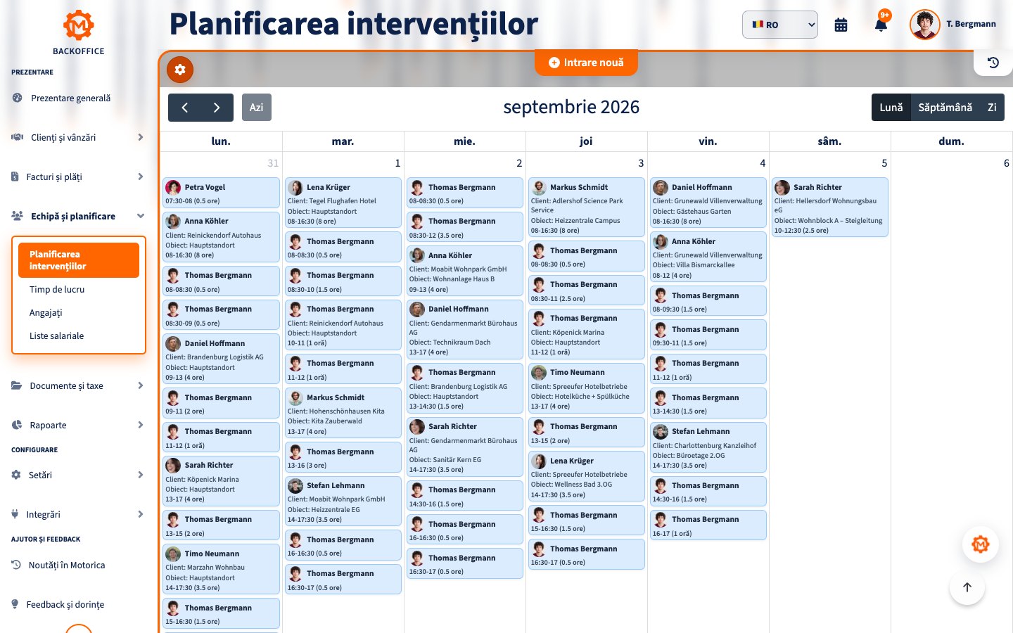 Calendar pentru planificarea angajaților și a intervențiilor