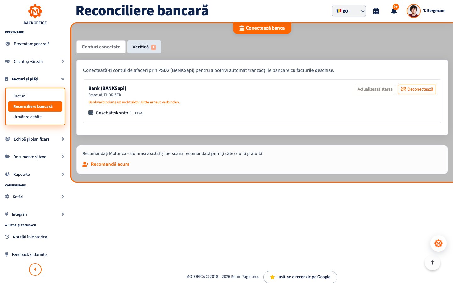 Reconciliere bancară în Backoffice Motorica