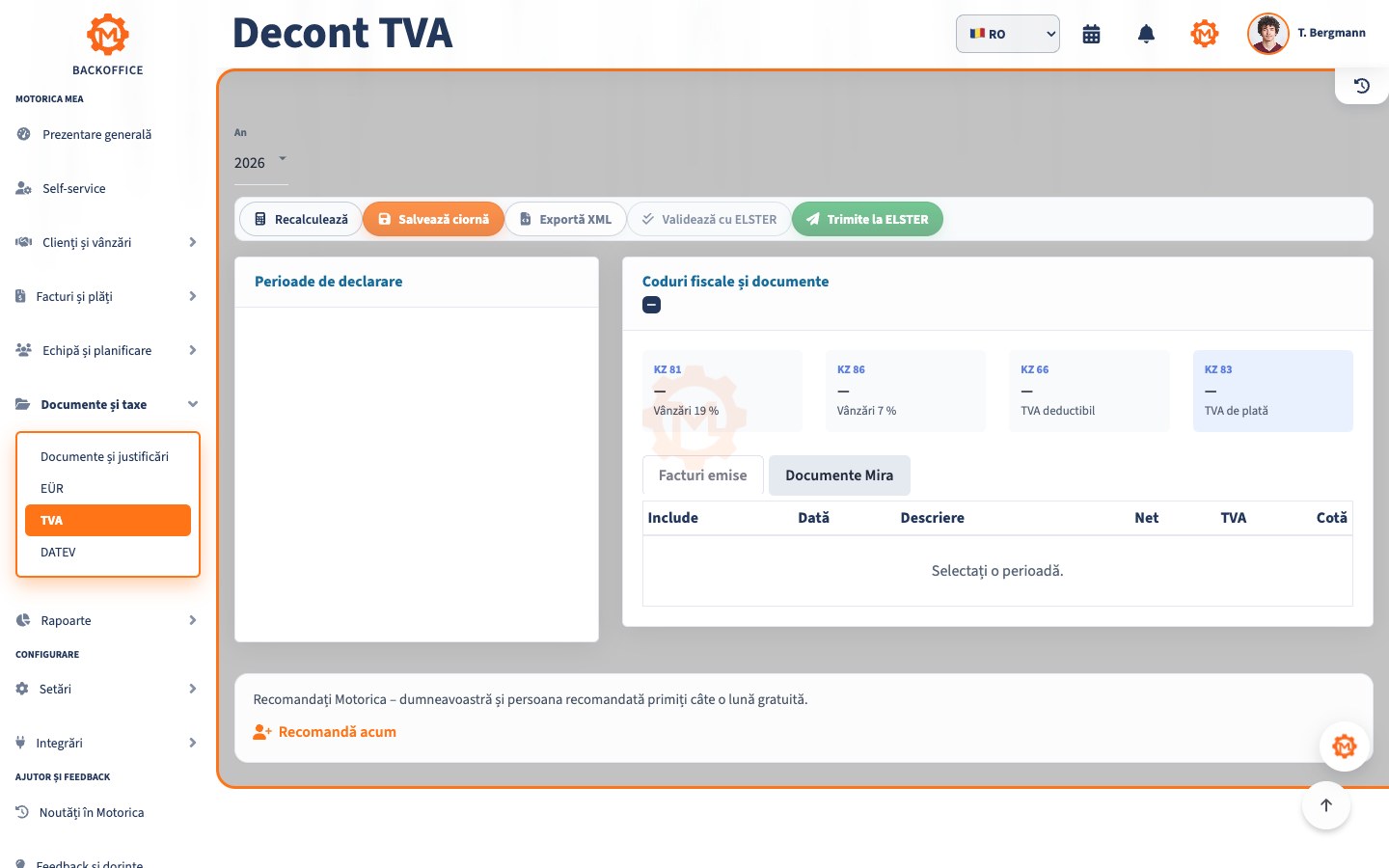 Motorica Backoffice cu decontul TVA și codurile fiscale