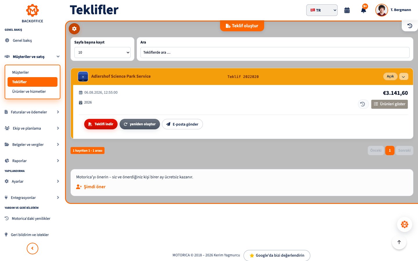 Motorica Backoffice'te teklif ekranı