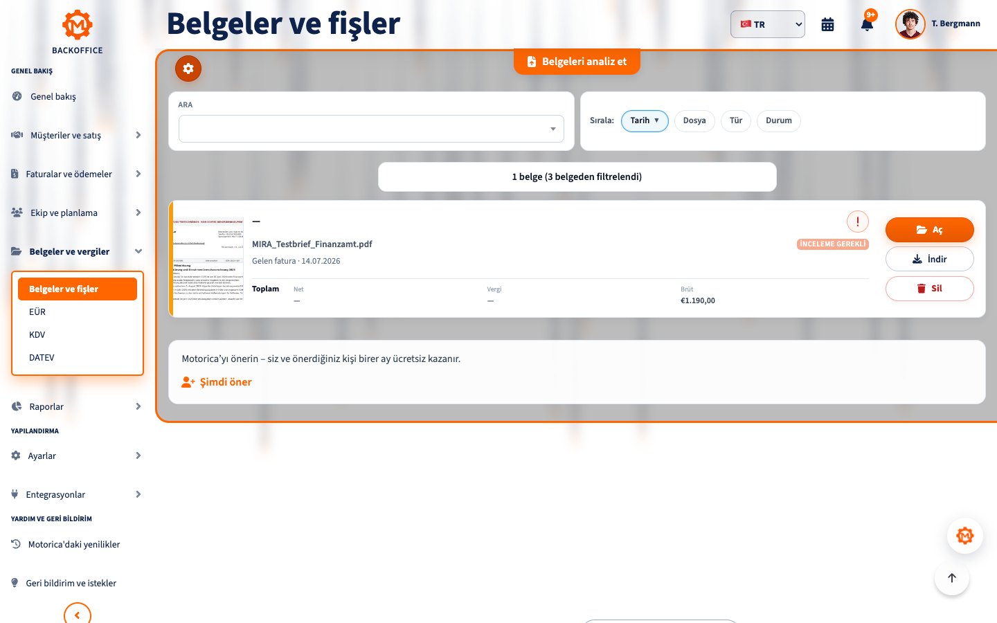 Motorica Backoffice'te Türkçe arayüzle fişler, belgeler ve gelen fatura