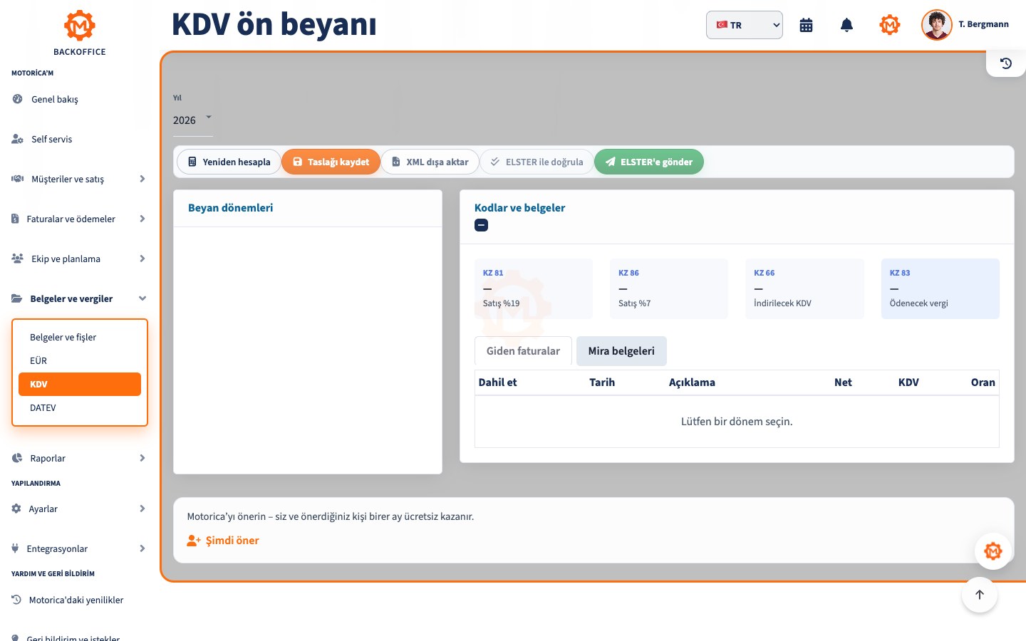 KDV ön beyanı ve vergi kodlarını gösteren Motorica Backoffice