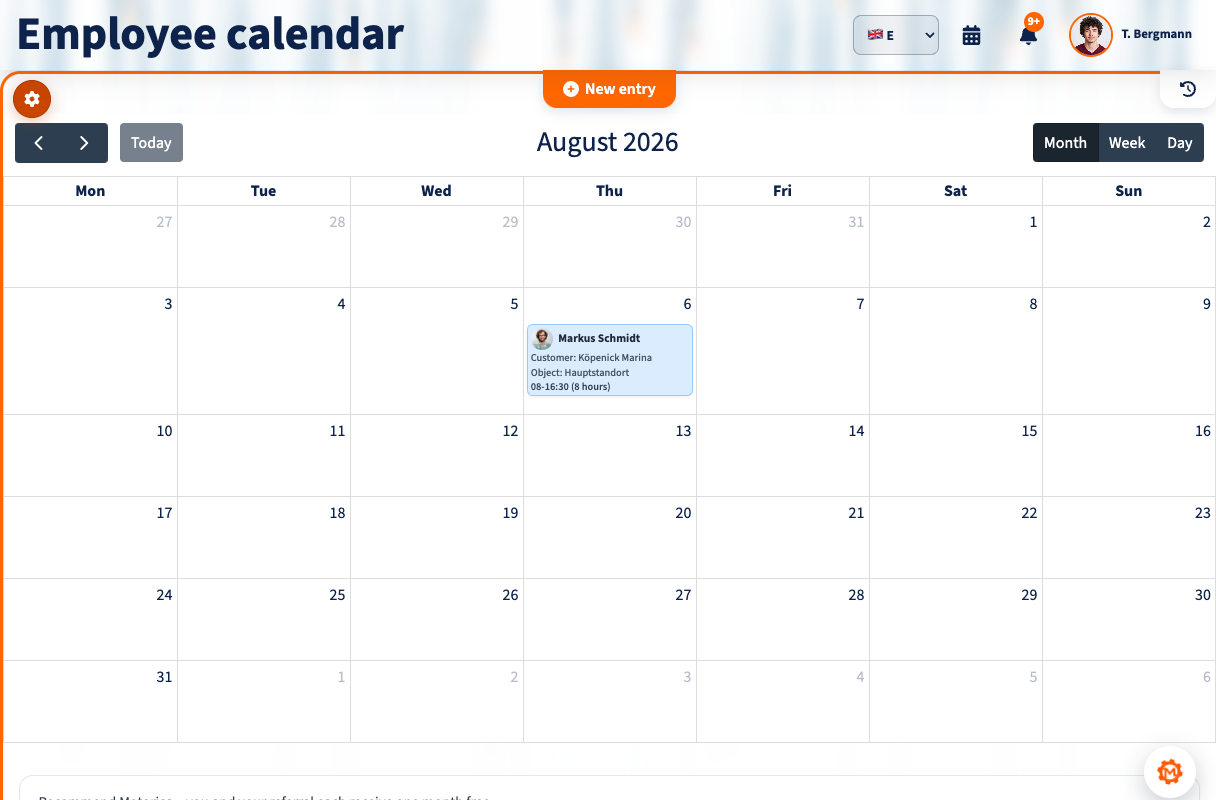 Motorica field-service calendar showing employees, customers and appointments