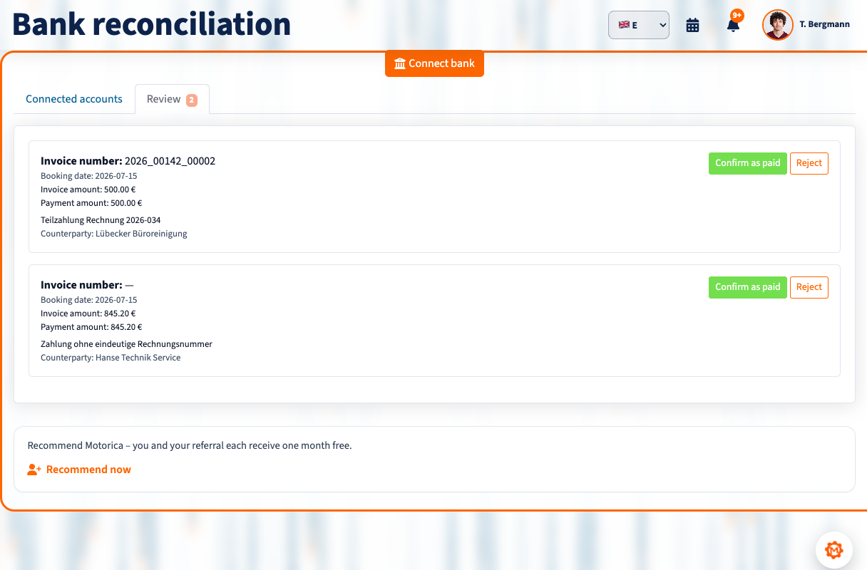 Payment reconciliation in Motorica showing matched payments and items requiring review