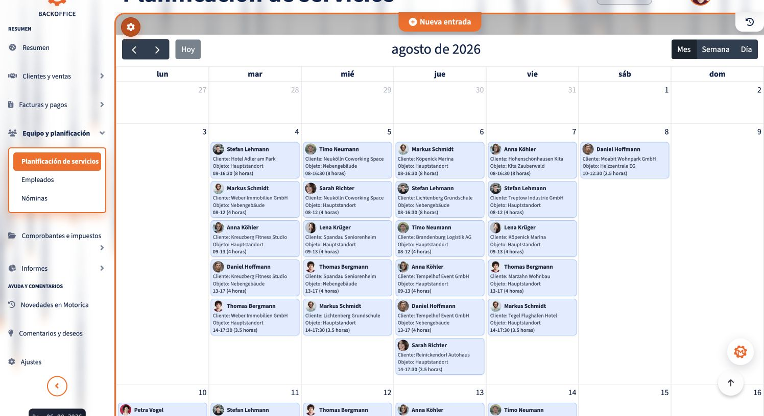 Calendario de Motorica con empleados, clientes y servicios in situ planificados