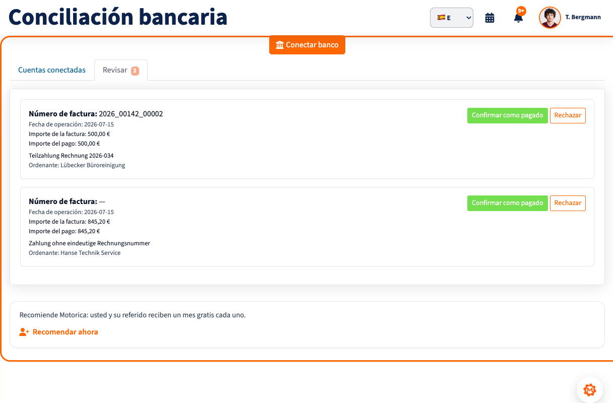Conciliación de pagos en Motorica con pagos asignados y pagos pendientes de revisión
