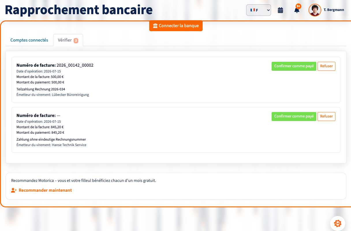 Rapprochement des paiements dans Motorica avec les paiements affectés et ceux à vérifier