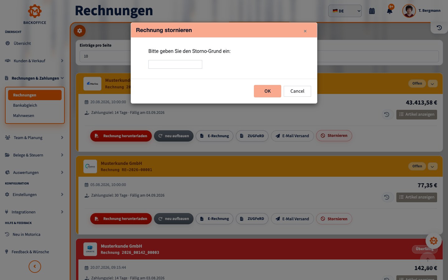 Rechnungsstorno in Motorica auf Deutsch