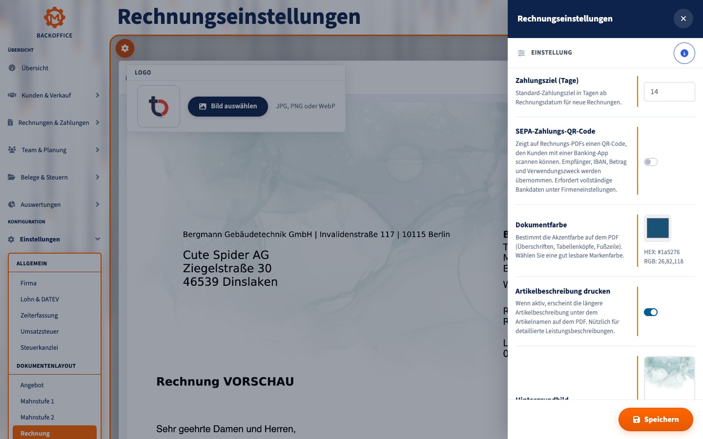 Einstellungen in Motorica für Firmenlogo und Dokumenthintergründe