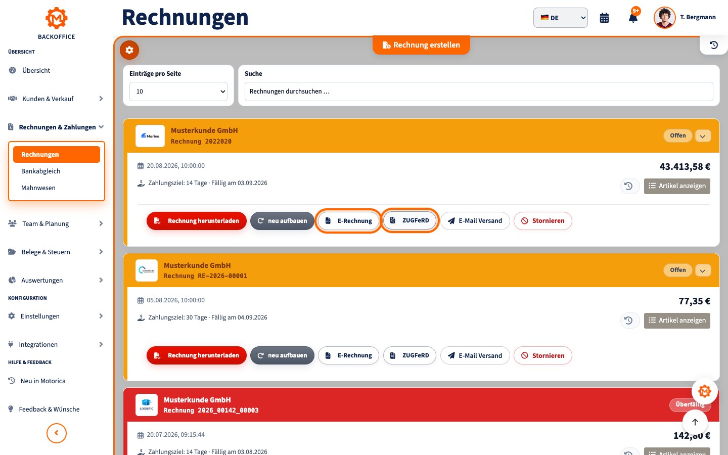 Motorica Backoffice mit vollständigem Titel Rechnungen sowie E-Rechnung- und ZUGFeRD-Export