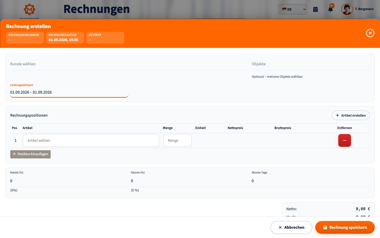 Motorica Backoffice: Rechnung erstellen auf Deutsch, mit vollständig sichtbarem Seitentitel Rechnungen
