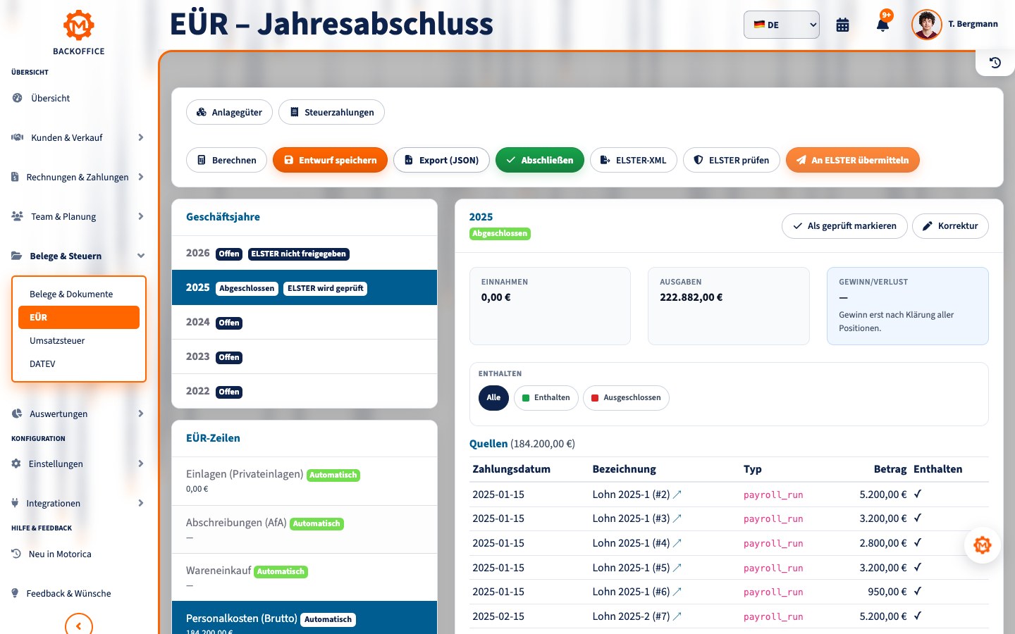 EÜR-Ansicht in Motorica mit Einnahmen, Ausgaben und ELSTER-Übermittlung