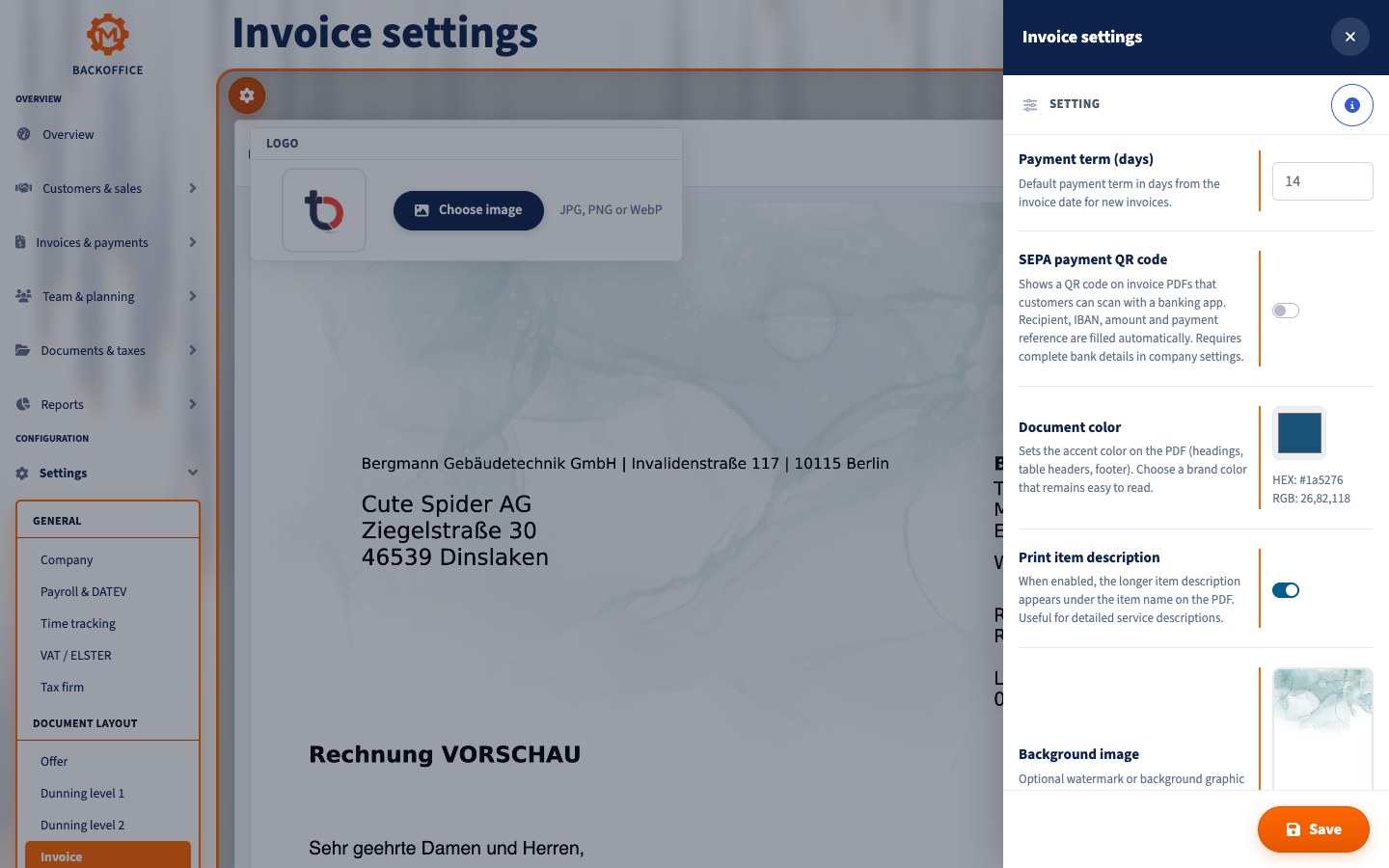 Motorica settings for company logo and document backgrounds