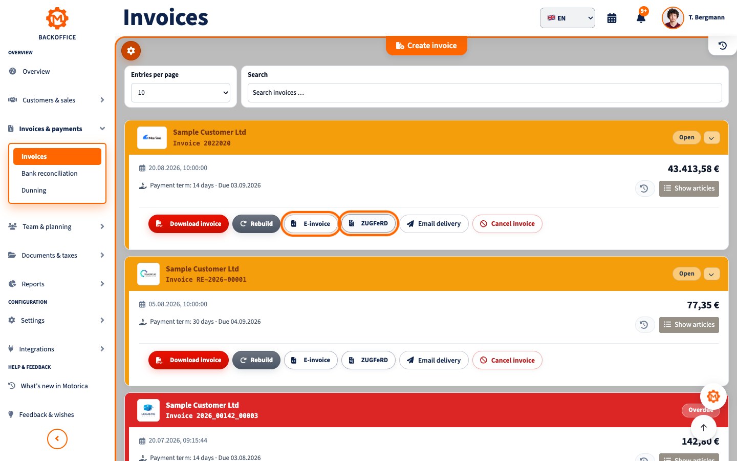 Motorica Backoffice with the full Invoices title and e-invoice and ZUGFeRD export controls