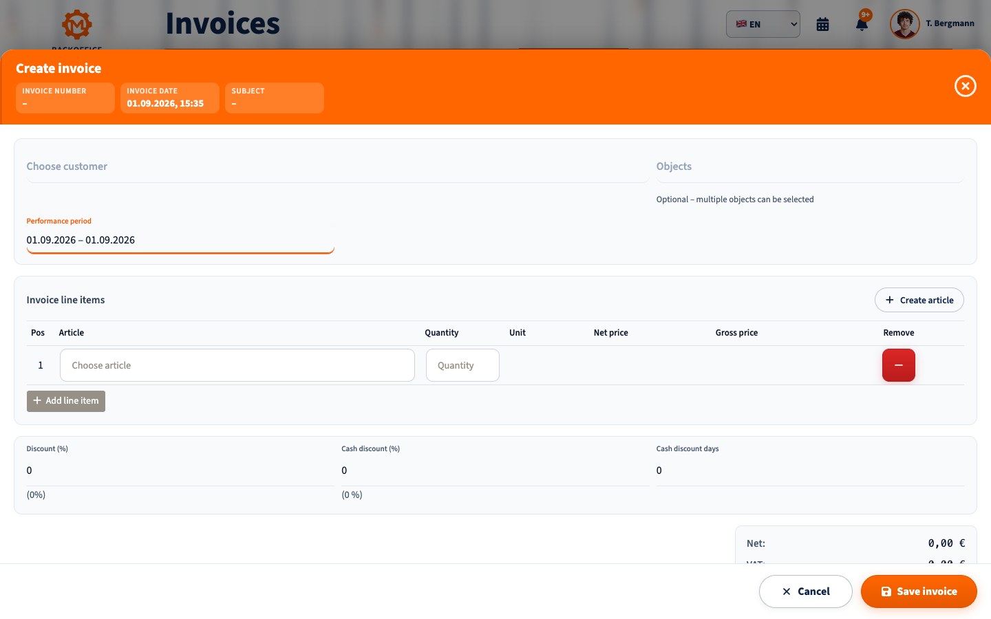 Motorica Backoffice invoice form in English with the full Invoices page title visible