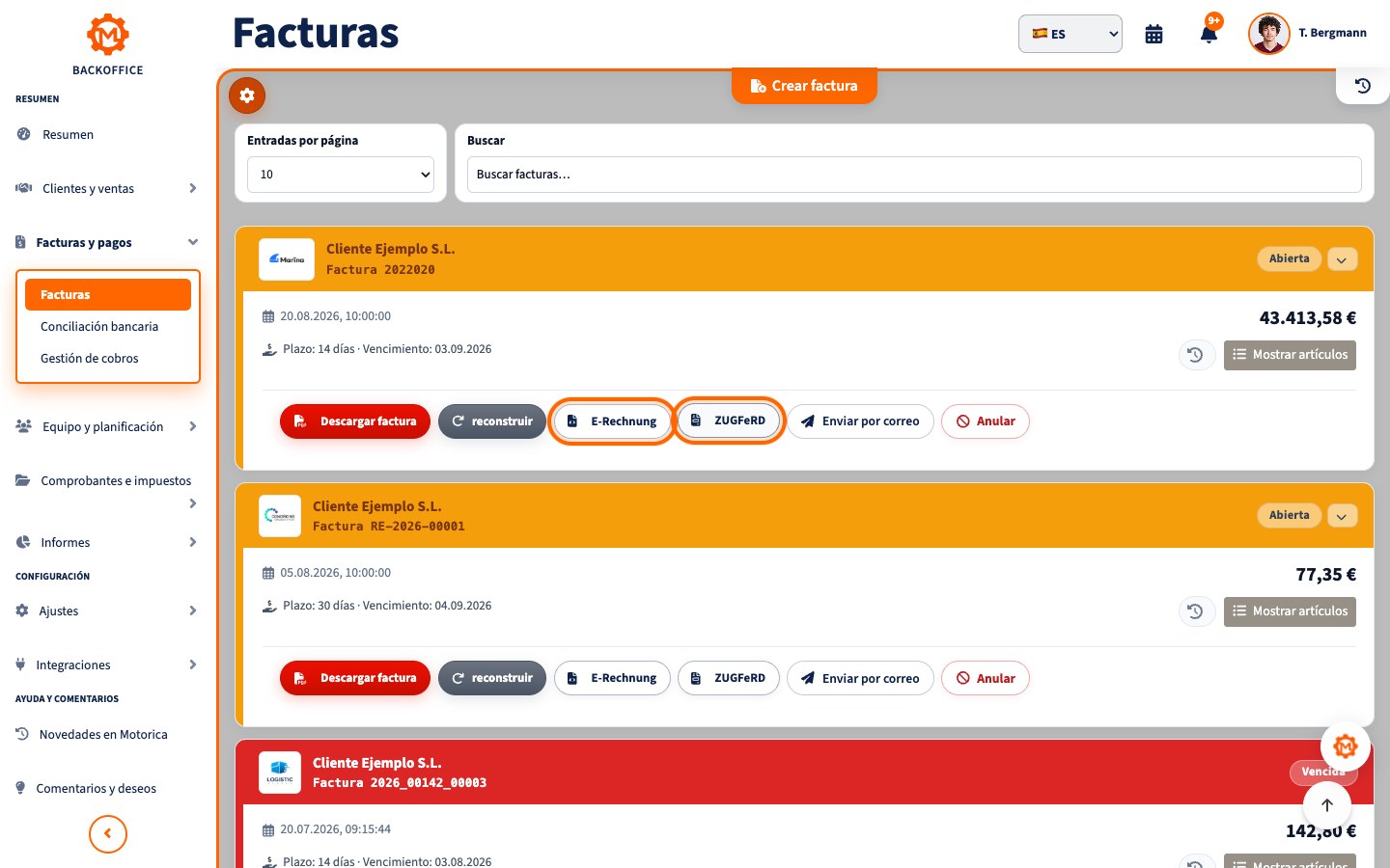 Motorica Backoffice con el título Facturas completo y controles de exportación de e-factura y ZUGFeRD