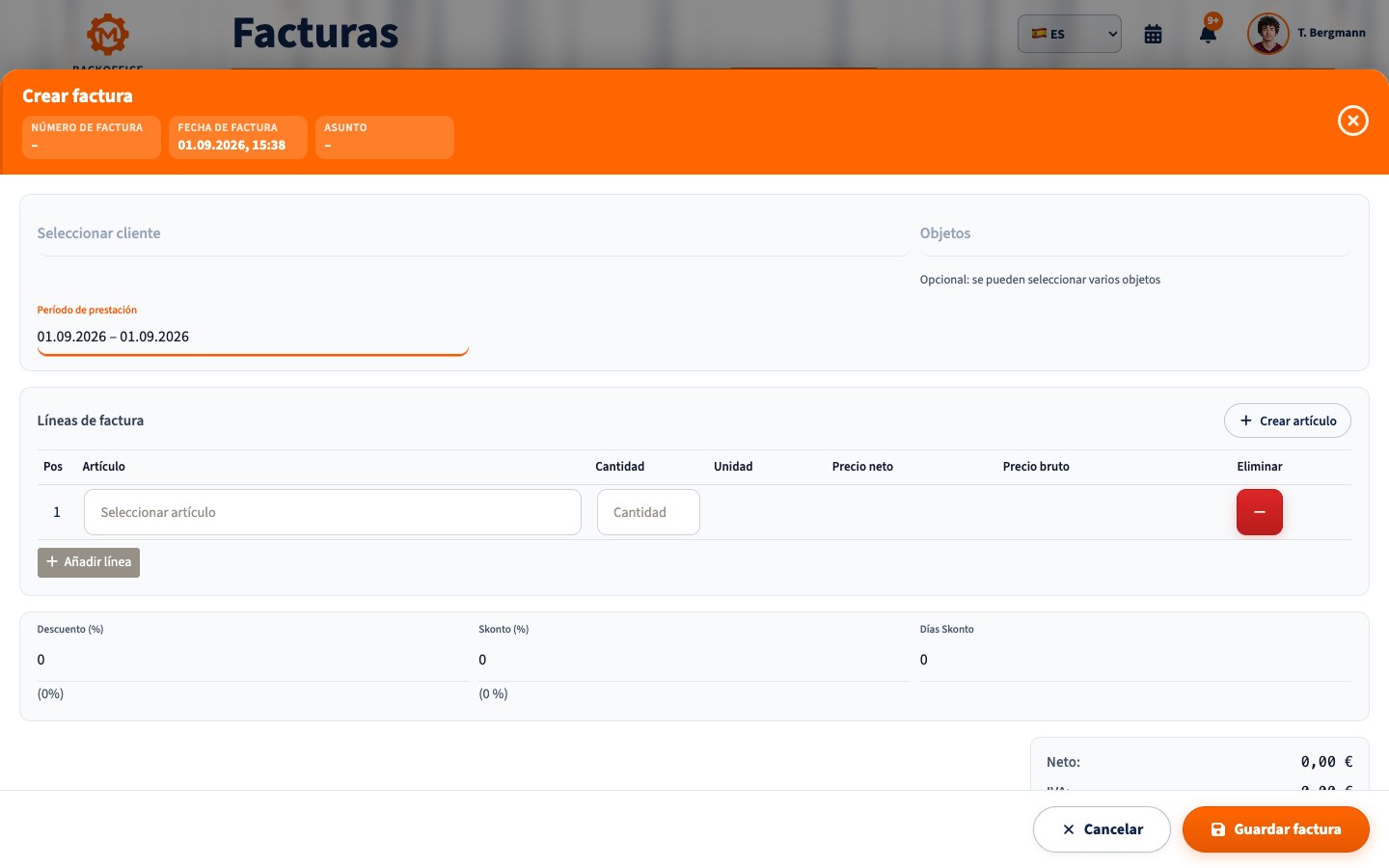 Motorica Backoffice: formulario de factura en español con el título completo de la página visible