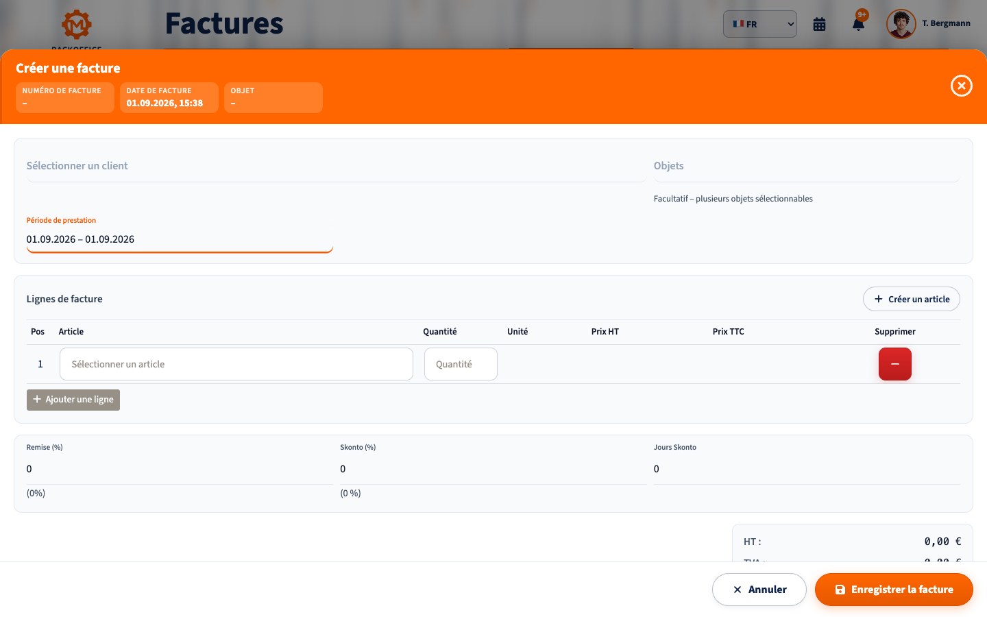 Motorica Backoffice : formulaire de facture en français avec titre de page entièrement visible