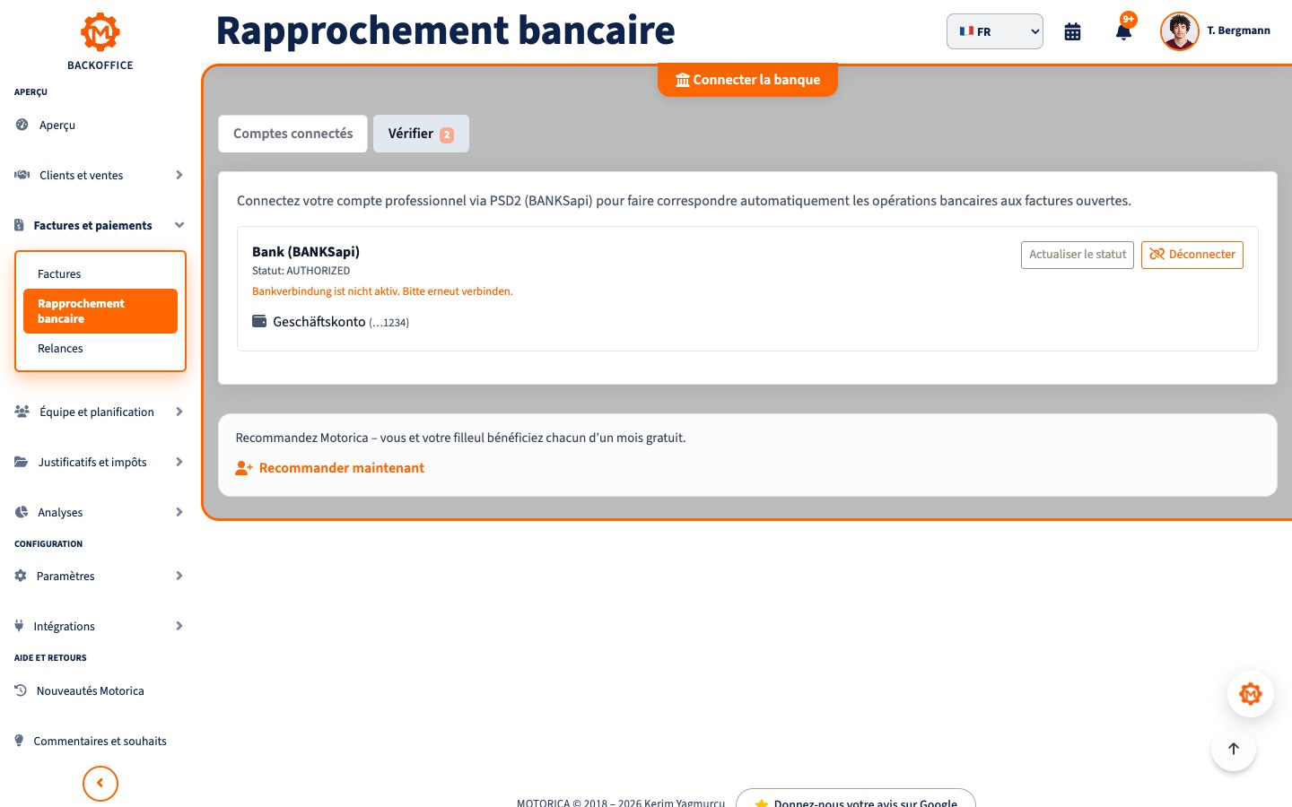 Rapprochement bancaire Motorica en français