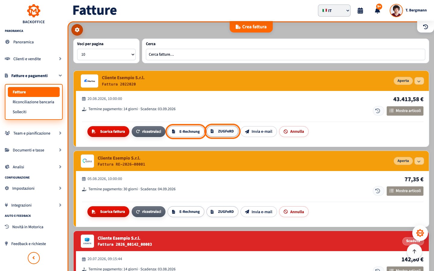 Motorica Backoffice con titolo Fatture completo e comandi di esportazione e-fattura e ZUGFeRD