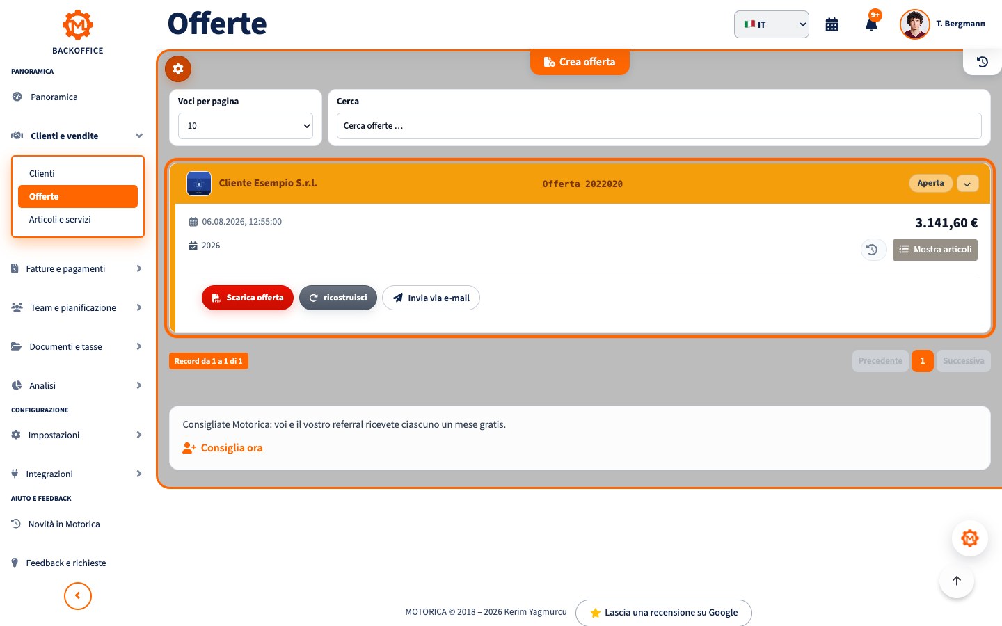Vista prodotto Motorica: Fatture e preventivi