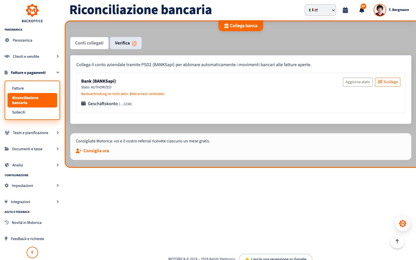 Riconciliazione bancaria Motorica in italiano