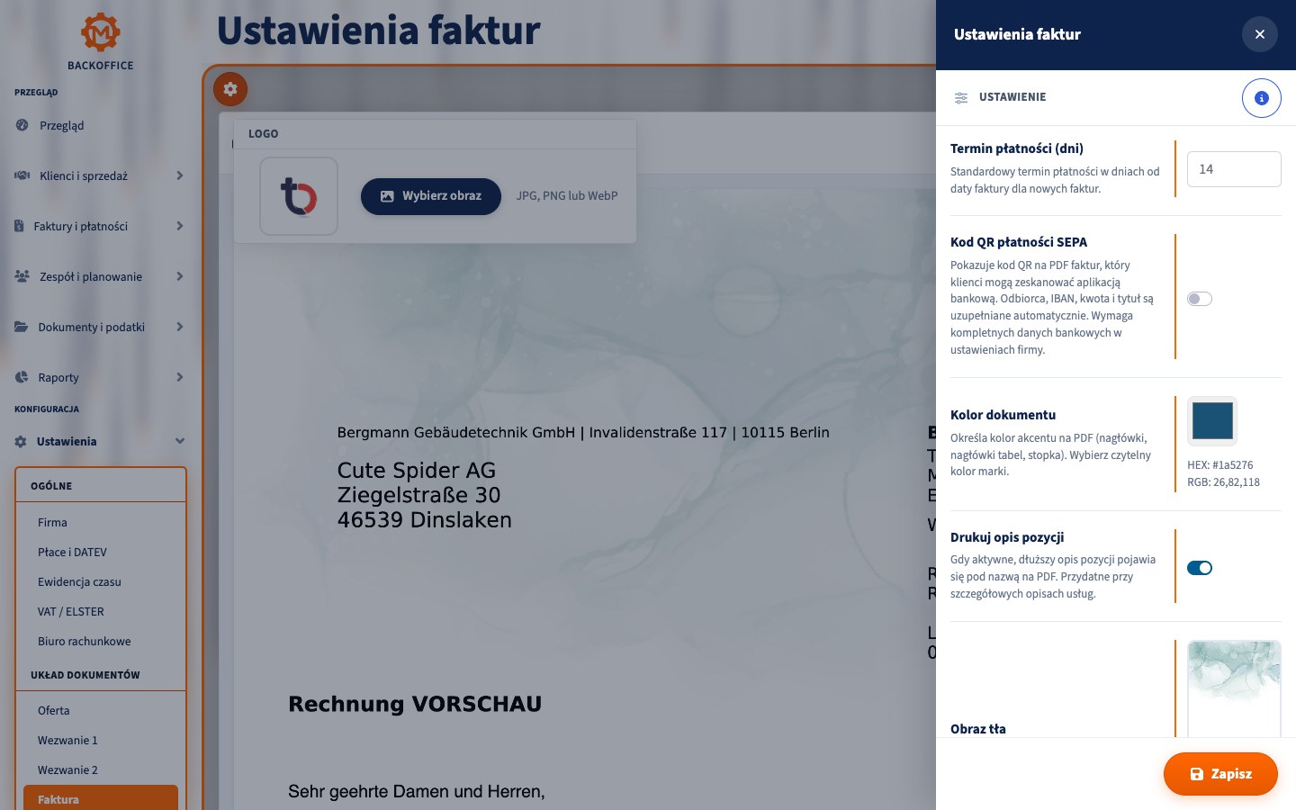 Ustawienia Motorica dla logo firmy i teł dokumentów