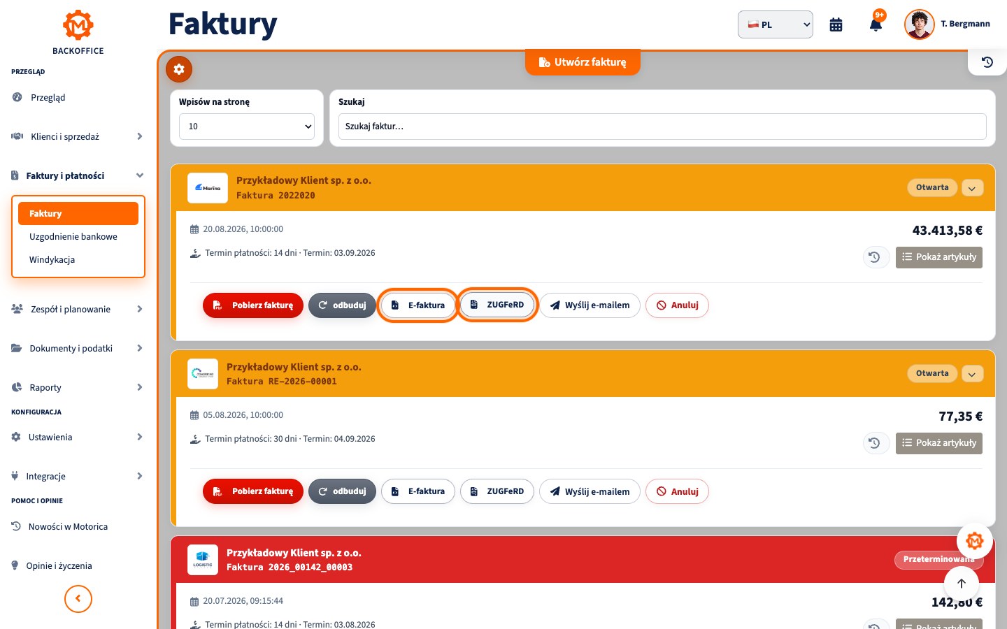 Motorica Backoffice z pełnym tytułem Faktury i przyciskami eksportu e-faktury oraz ZUGFeRD
