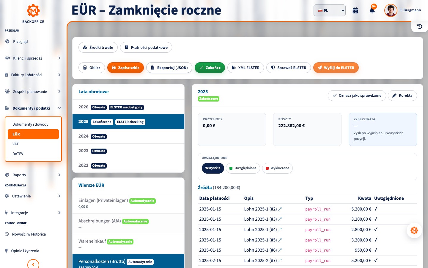 Widok EÜR w Motorica z przychodami, kosztami i przekazaniem przez ELSTER