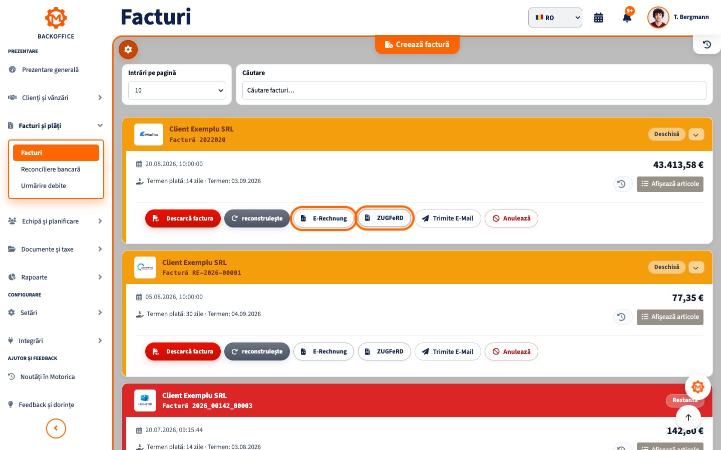 Motorica Backoffice cu titlul complet Facturi și comenzile de export e-factură și ZUGFeRD