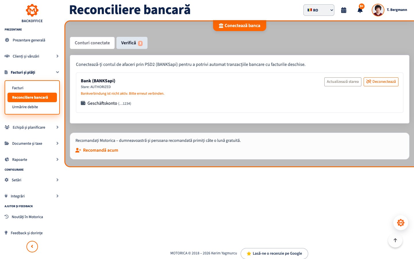 Interfață Motorica: Verificați automat dacă o factură a fost plătită