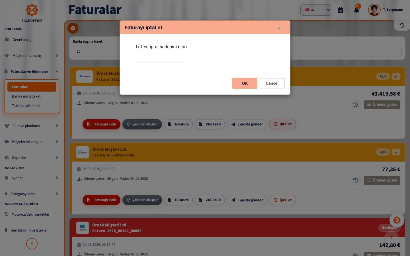 Türkçe Motorica fatura iptali