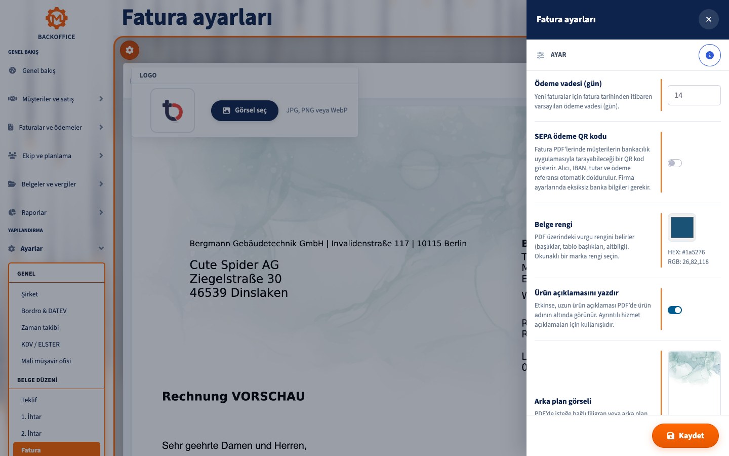 Motorica ayarlarında şirket logosu ve belge arka planları