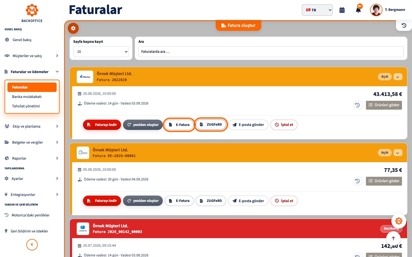 Motorica Backoffice içinde tam Faturalar başlığı ve e-fatura ile ZUGFeRD dışa aktarma düğmeleri
