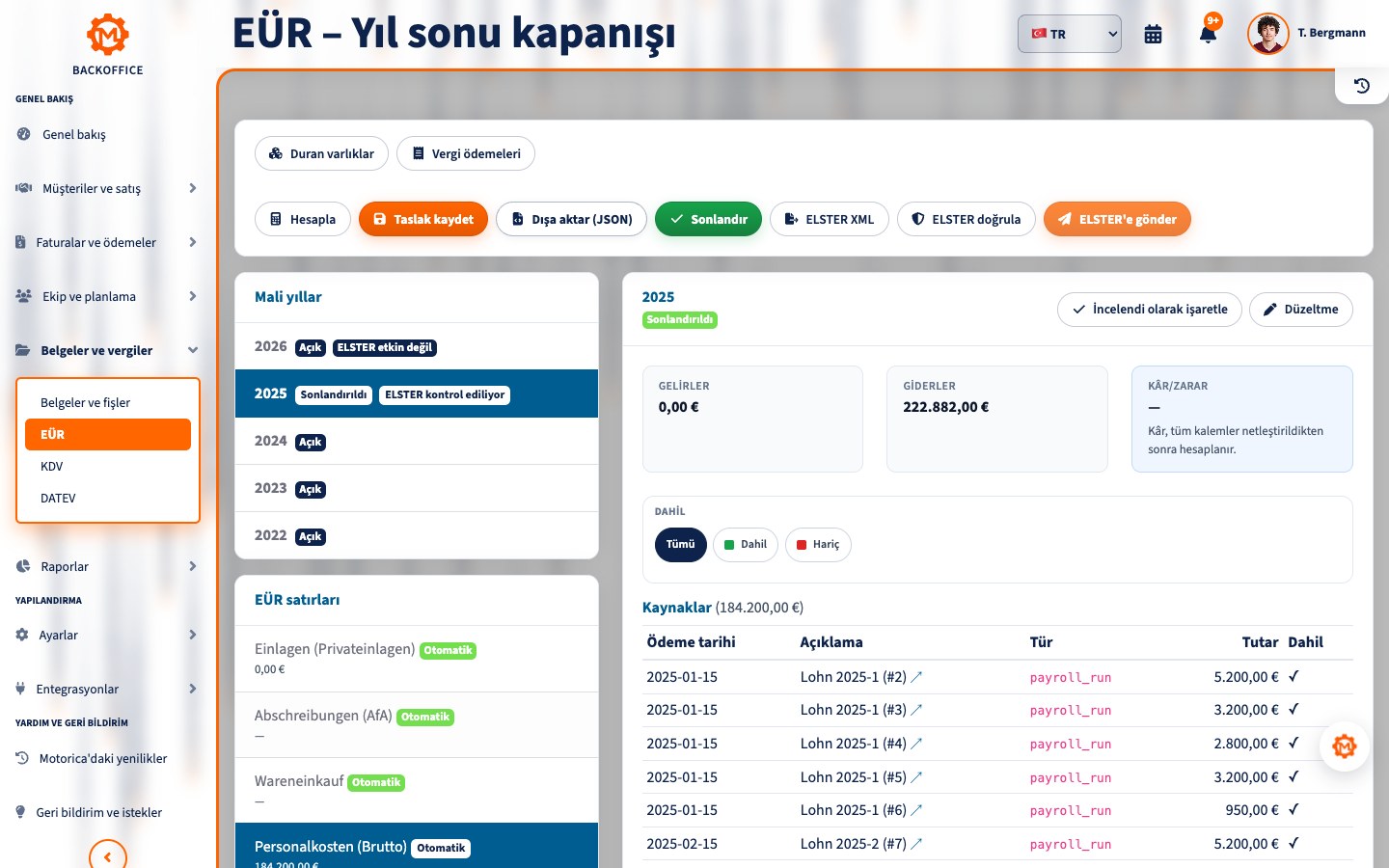 Motorica EÜR görünümü: gelirler, giderler ve ELSTER iletimi