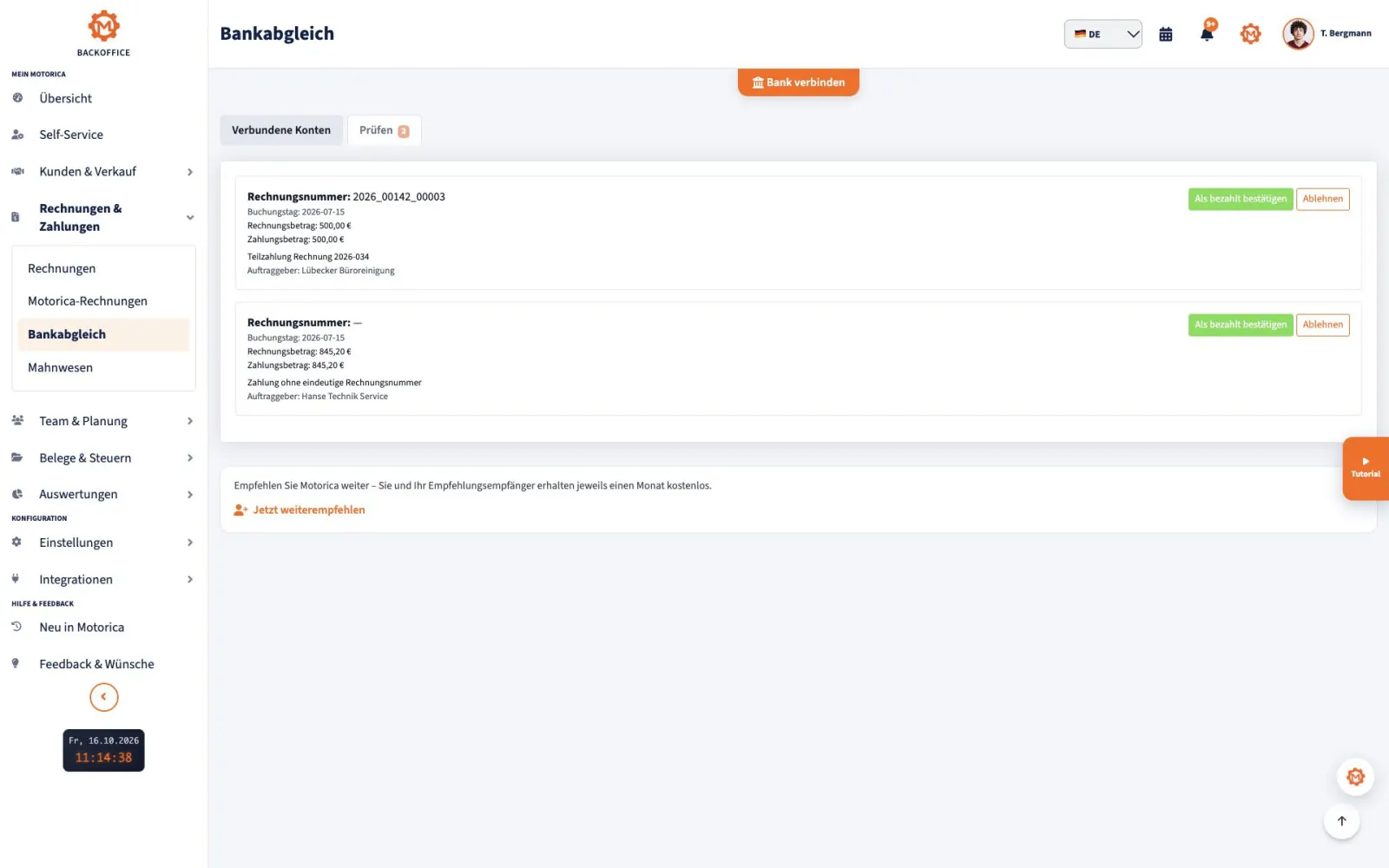 Motorica-Backoffice mit Prüfliste für den Bankabgleich und vollständig sichtbarem Seitentitel