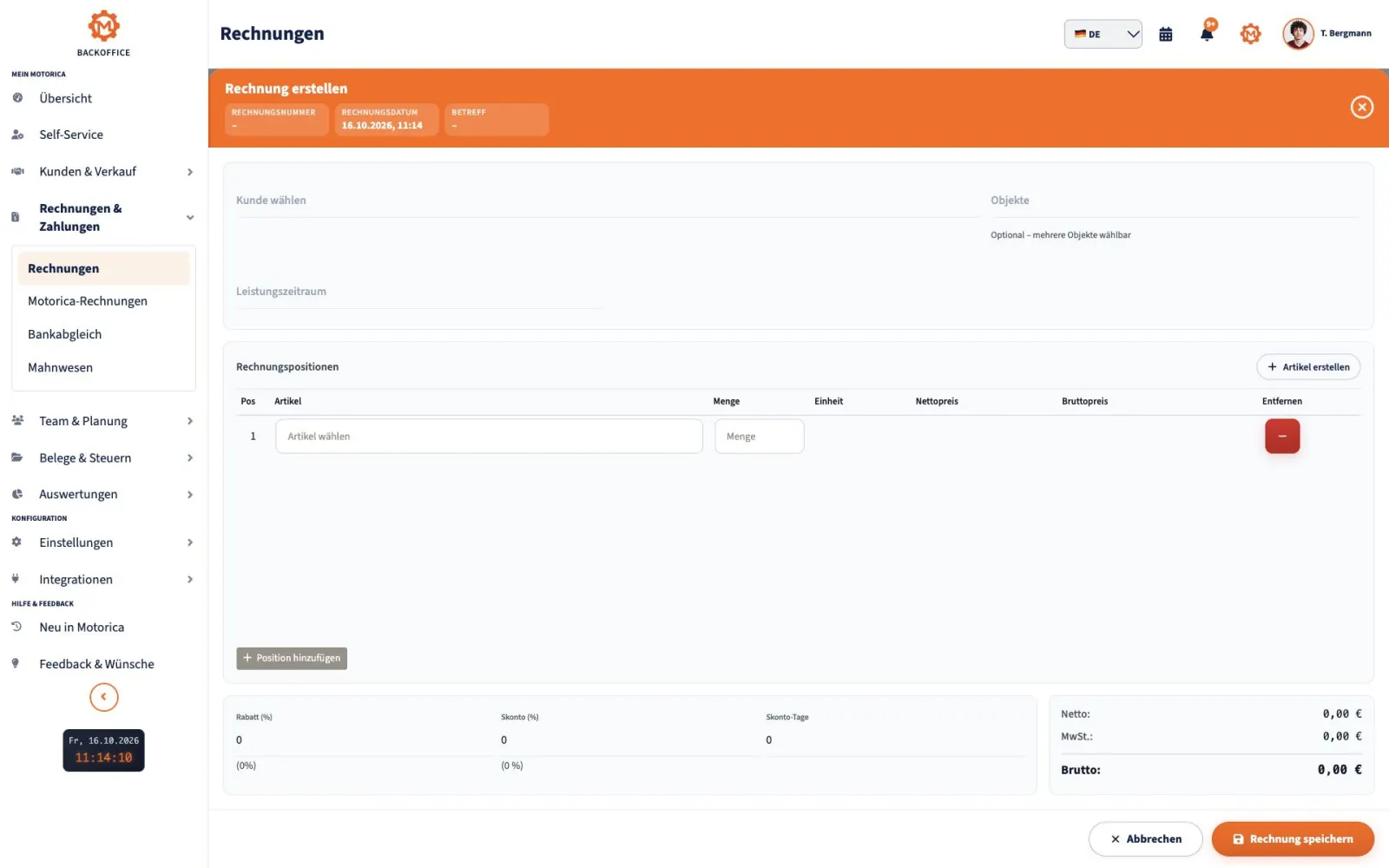 Motorica.io Backoffice: Formular für eine Rechnung auf Deutsch